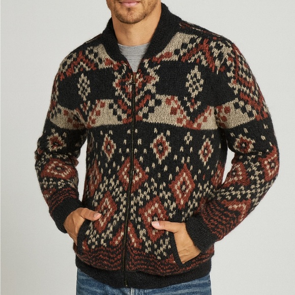Lucky Brand Other - Lucky Brand Vintage Aztec Zip-Up Sweater Jacket Black Mens XL Heavyweight Knit
